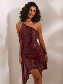 Opulessa 针织亮片面料荷叶边修身荷叶边下摆女式迷你连衣裙