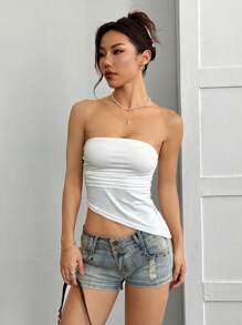 SHEIN EZwear 女士纯色褶皱不对称下摆抹胸 - 白色 - 查看 5