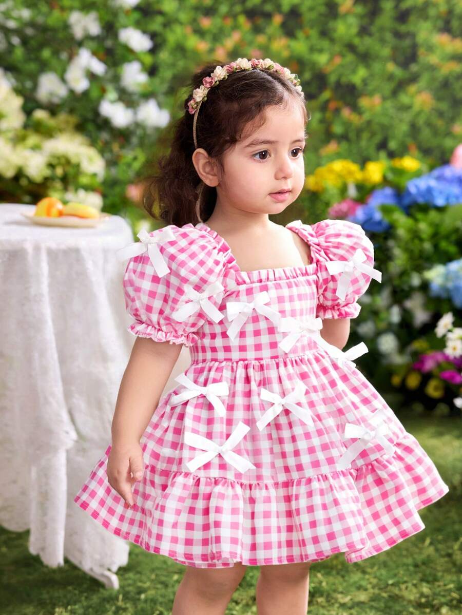 SHEIN Váy ngắn tay họa tiết kẻ caro màu hồng dễ thương cho bé gái Fern Glow, mùa hè - Hồng - Xem 1