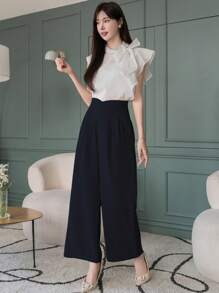 DAZY Women High Waist Pleated Loose Solid Color Wide Leg Pants Work Women Clothes