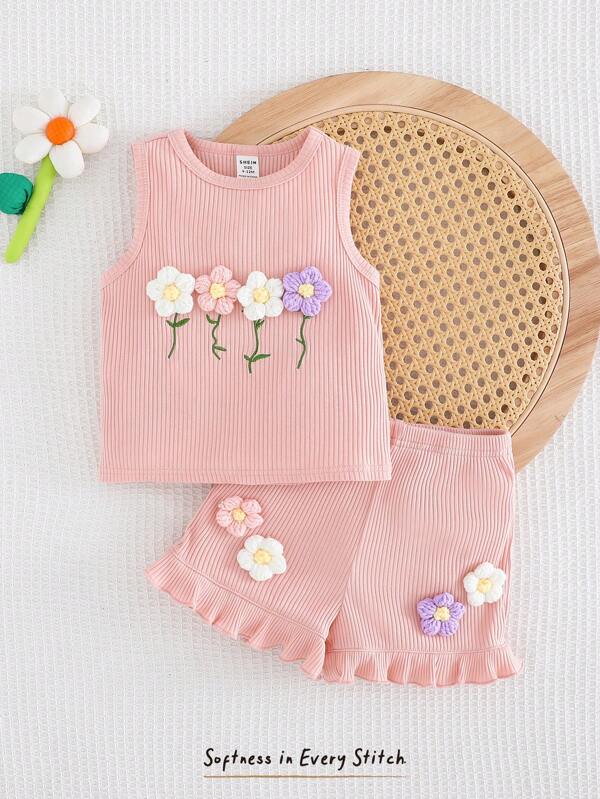 Cozy Pixies 2 pezzi set per bimba: top girocollo senza maniche con stampa floreale 3D e shorts in vita elastica