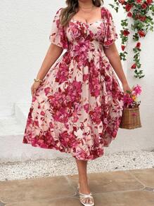 Sunnyshic Vestido con estampado floral, mangas con volantes y abertura, talla grande, elegante y romántico para fiestas, eventos y vacaciones