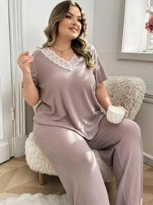 Waffle Contrast Lace Casual Pajama Set - Pink - View 5