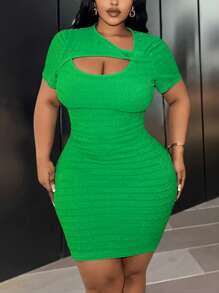 Slaydiva Women Plus Size Solid Green Basic Bodycon Mini Dress With Cutout Neck And Gathered Waist Design, Textured Fabric, Casual & Daily Wear, Spring/Summer