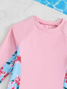 Floral Print Tankini 2 Pieces Swimwear Set With Long Sleeve Top And Beach Shorts For Young Girls - Multicolor - View 3