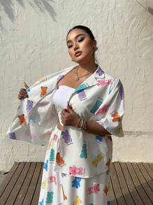 Sunnyshic Plus Size Women 2pcs/Set Bear Printed Short Sleeve Blouse And Skirt, Vacation - Multicolor - View 4