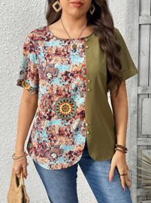 SHEIN LUNE Plus Size Vrouwen Casual Effen Kleur Patchwork Paisley Tie Dye Print Ronde Hals Korte Mouw Decor Knoop Normaal T-shirt