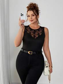 SHEIN Clasi Plus Size Elegant And Sexy Lace Panel Sleeveless Bodysuit Women Clothing Bodysuit Bodysuit Top Bodysuits For Women Summer Outfits For Women Wedding Guest Dress Women  Concert Outfit Women Wedding Guest Dress Women