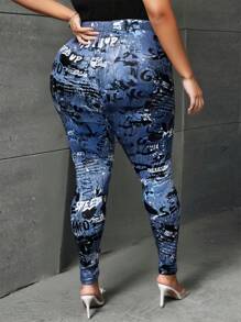 SHEIN SXY Plus Size Women's Sexy Mid-Rise Denim Effect Print Colorful Knitted Leggings,Suitable For Street, Casual, Sexy, Daily Travel, Shopping, Dating, Cool,Comfortable To Wear,Easy To Match&Looks Slim,Accent Your Body,Flatter The Figure