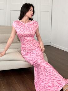 Modelyn Rochie de damă, cu umeri asimetrici, cu volane, cu volane, cu tiv de sirenă, culoare roz, vară nou sosită - Roz - Vizualizare 7
