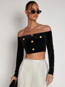 COSMINA Women's Elegant Black Metal Buckle Cropped Top, Spring/Summer - Black - View 3