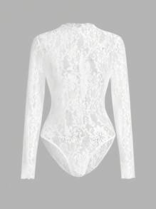 Opulessa Solid Color Knit Lace Slim Fit Long Sleeve Bodysuit & Pants 2pcs Women Set