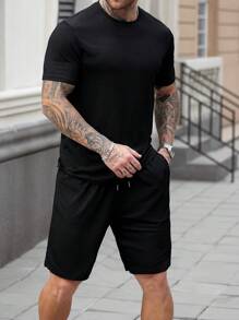 Manfinity Homme Men Plus Size Solid Color Round Neck Short Sleeve T-Shirt And Drawstring Waist Shorts Casual 2 Pieces Set - Black - View 4