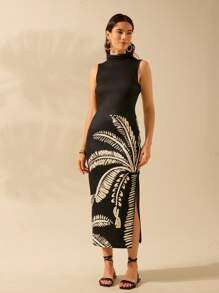 CAJUNI Women's Boho Black Oversized Coconut Tree Print Casual Tropical Bodycon Long Dress - Multicolor - View 3
