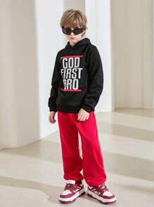 SHEIN Leap Crew 2 件 Tween Boy 字母印花连帽运动衫和运动裤套装，适合春秋季休闲户外场合，羊毛，加厚