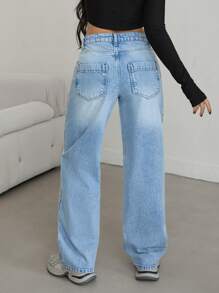 EURMUSE Quần Jeans Ống Rộng Cạp Thấp Snow Wash, Đơn Giản Và Thời Trang Cho Mặc Hàng Ngày - Rửa trung bình - Xem 2