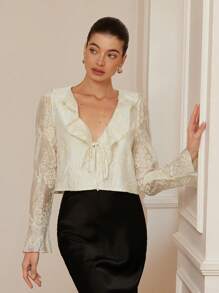 Aveloria Rosie Blusa holgada elegante para vacaciones con mangas abullonadas de organza transparente, con bordados y volantes para mujeres