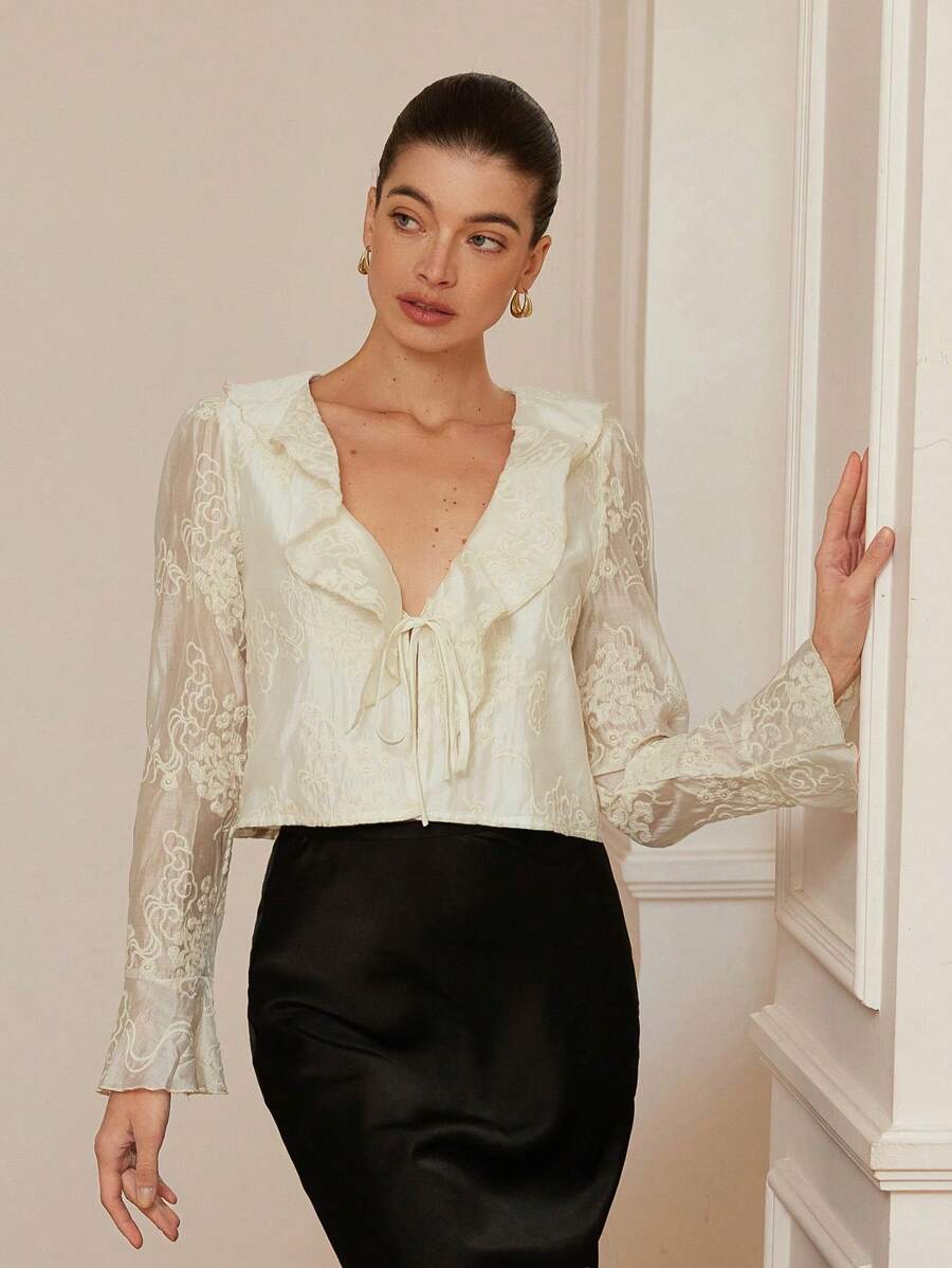 GENKIRA Blusa Solta Elegante de Férias Sexy de Organza Transparente com Bordado e Babado na Manga Bufante para Mulheres - Bege - Visão 1