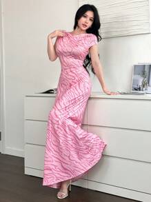 Modelyn Rochie de damă, cu umeri asimetrici, cu volane, cu volane, cu tiv de sirenă, culoare roz, vară nou sosită - Roz - Vizualizare 5