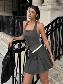 SHEIN Essnce Summer Women's Elegant Back Extra Long Contrast Bow Decoration Halter Top,Business Casual Woman,Graduation,Easter,Festival For Women - Grey - View 4