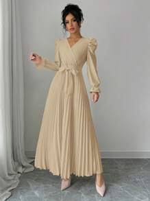 Calvaya Robe longue simple à col en V, manches bouffantes, plissée, de couleur unie, pour automne, tenue maxi pour femmes