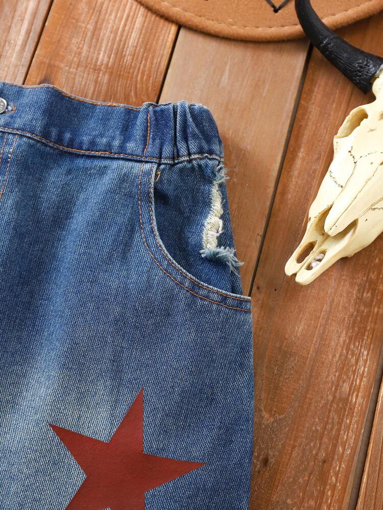 SHEIN 2025 Spring & Summer New Casual Comfortable Versatile Star Print Distressed Denim Tween Girl Skirt, Suitable For Daily Wear, Outings, Family Gatherings And Vacations - Medium Wash - View 5