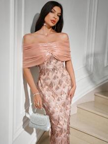 Modelyn Women Elegant Banquet Orange Pink Organza Bow One-Line Shoulder Mesh Bead Embroidered Dress  Summer Clothes  Wedding Guest Dress Women