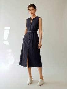 Uhlyne Women's Casual Elegant Sleeveless Linen Midi Dress With Belt - Navy Blue - View 6