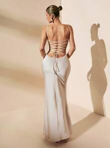 SHEIN BAE Sleeveless Satin Backless Dress, Simple Solid Color Apricot Bridesmaid Dress, Sexy Backless Tie-Up Design Long Evening Dress, Summer - Apricot - View 4