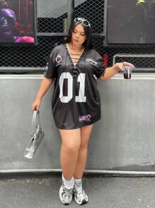 SHEIN EZwear Camiseta negra de corte holgado con cordón y pompones, talla grande