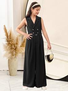 SHEIN Tween Girls Elegant Commuter Solid Woven Blazer Collar Double-Breasted Sleeveless Cinched Waist Wide Leg Jumpsuit, Black Jumpsuit, Ladylike Style, Casual Outing, Back To School, Mommy And Me Matching Outfits