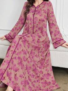 Al Najma 印花撞色 V 领喇叭裙，阿拉伯风格，适合女性，春夏季，端庄