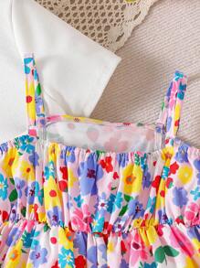 Vestido con tirantes largos con estampado de flores de dopamina para niña preadolescente, con chaqueta corta de color liso