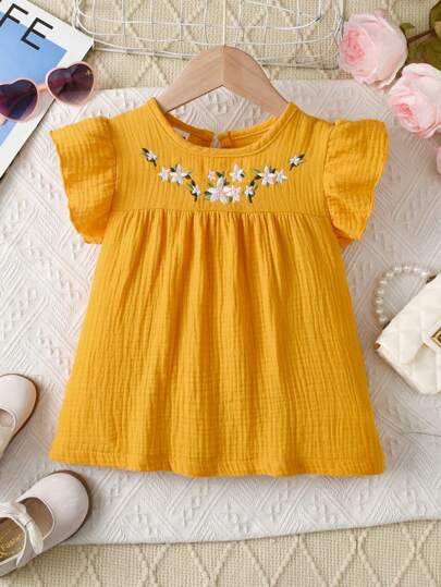 Girls' Casual Minimalist Fashion Round Neck Cap Sleeve Fitted Solid Color Floral Embroidered Cotton Blouse, Versatile Summer Top For Girls