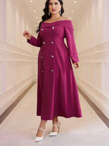 Modelyn Robe élégante à épaules dénudées, manches longues, double boutonnage, grande taille pour femmes - Rose vif - Voir 7