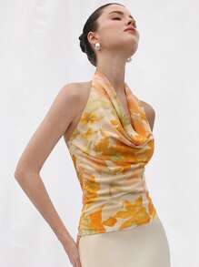 Aveloria Rosie Top de tirantes elegante estilo resort con cuello de escote barco, cintura fruncida con cordón, estampado de hojas coloridas en tela de malla