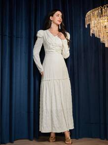 Modelyn Women's Elegant White Shirred Maxi Dress With Puff Sleeves And Ruffle Hem