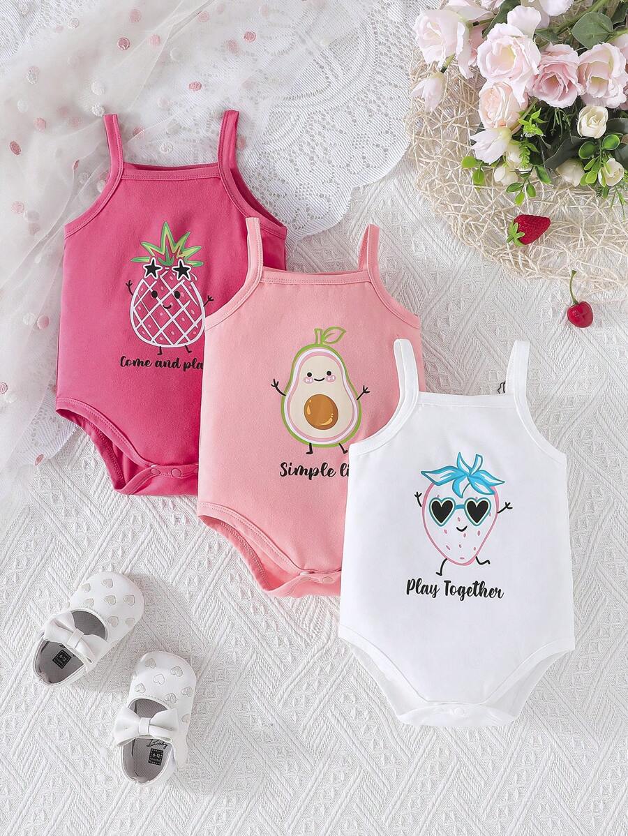 3pcs Baby Girls' Cute Fruit & Letter Print Button Wrap Bodysuit, Casual Comfortable Outdoor Wear For Summer - Multicolor - View 1