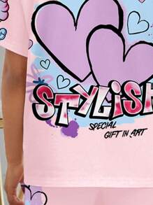 SHEIN Ensemble 2 pièces top à manches courtes et shorts style décontracté minimaliste pour jeunes filles, convient pour l'été