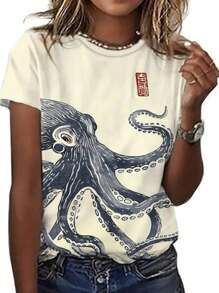 INAWLY Plus Size Women T-Shirts Retro Art Octopus Print Crew Neck Short Sleeved Casual T-Shirt, Fashion Now, Fashion Tee Tops Shirts, Aesthetic T-Shirts, Siblings Gift, Gift For Sister, Funny T-Shirts