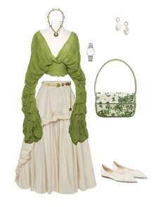 INAWLY Áo kiểu nữ mùa thu hè gợi cảm, chất liệu chiffon, cổ chữ V, tay dài phồng, dáng croptop, ôm sát, thích hợp dự tiệc, áo sơ mi nữ thời trang tối giản, mặc hàng ngày. - màu xanh lá - Xem 2