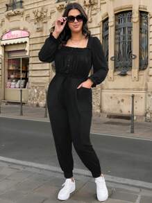 SHEIN LUNE Plus Size Women Square Neck Long Sleeve Pocketed Casual Black Jumpsuit Valentine's Day Summer - Black - View 1