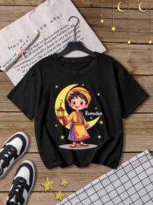 SHEIN 男童休闲时尚圆领针织印花 T 恤 - 黑色 - 查看 4