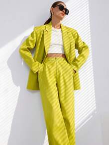 Aveloria Modichic Fashion Commuter Spring/Summer Yellow-Green Matching Vacation Chambray Lapel V-Neck Loose Blazer & Wide Leg Pants Women Suit Set - Yellow - View 6