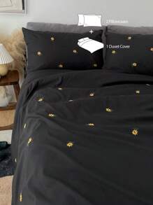 Bộ 3 món, 100% Polyester, Bộ ga trải giường thêu hoa trang nhã (Không bao gồm chăn bông, gồm 1 ga trải giường và 2 vỏ gối), Bộ chăn ga gối hiện đại bằng polyester phù hợp cho mọi mùa. - màu đen - Xem 10