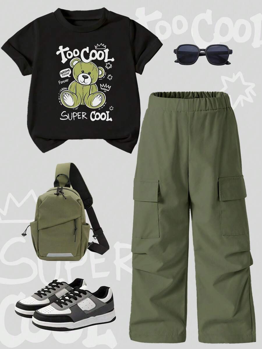 SHEIN 小男孩熊字母印花短袖上衣和工装裤套装 - 白色 - 查看 1