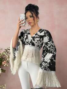 SHEIN Unity Women's V-Neck Spliced Tassel Casual Music Festival Vacation Top Fall Cloth For Women - Black - View 7