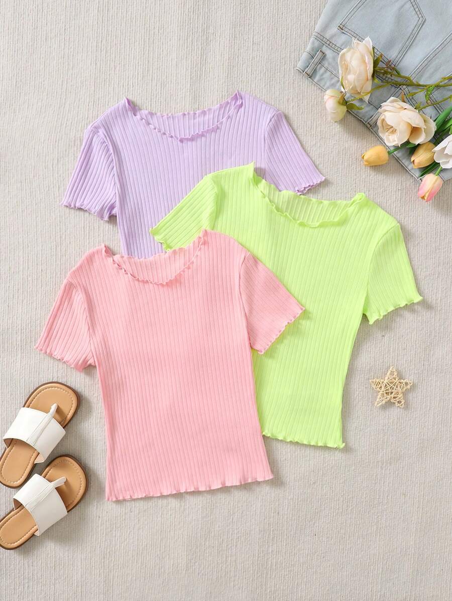 SHEIN 3pcs Tween Girl Coordinated Casual Round Neck Short Sleeve T-Shirt Set, School, Campus, College - Multicolor - View 1