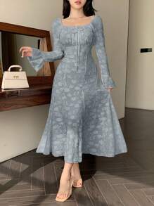 DAZY Damen Kleid mit quadratischem Ausschnitt, Langarm, Strukturstoff, elegant, mit Rüschen, Herbstkleid