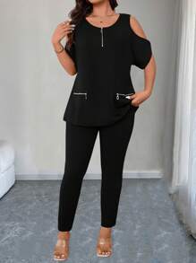 SHEIN LUNE Plus Size Women Plus Size Zipper Decor 2 Pieces Set - Black - View 5